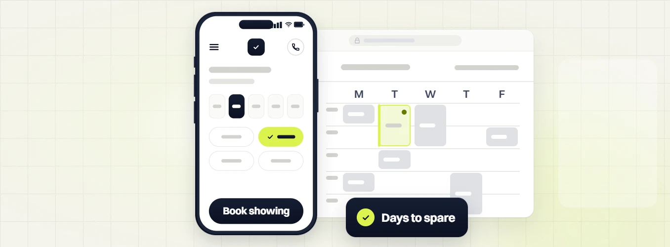 Real estate PPC phone Book showing screen beside a weekday calendar and a Days to spare badge