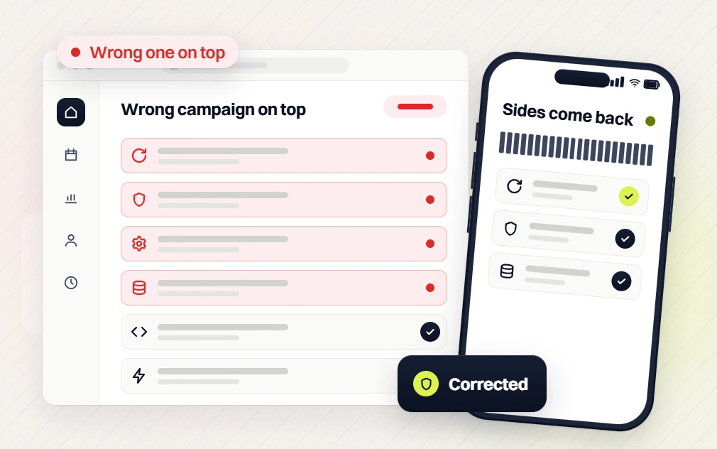 Real estate PPC Wrong campaign on top list with red rows beside a phone Sides come back screen, Corrected