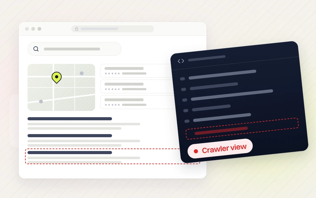 Real estate SEO services map results page with a dashed missing block beside a code panel flagged Crawler view