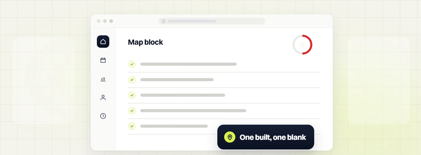 Real estate SEO services Map block checklist with a red progress ring and a One built, one blank badge