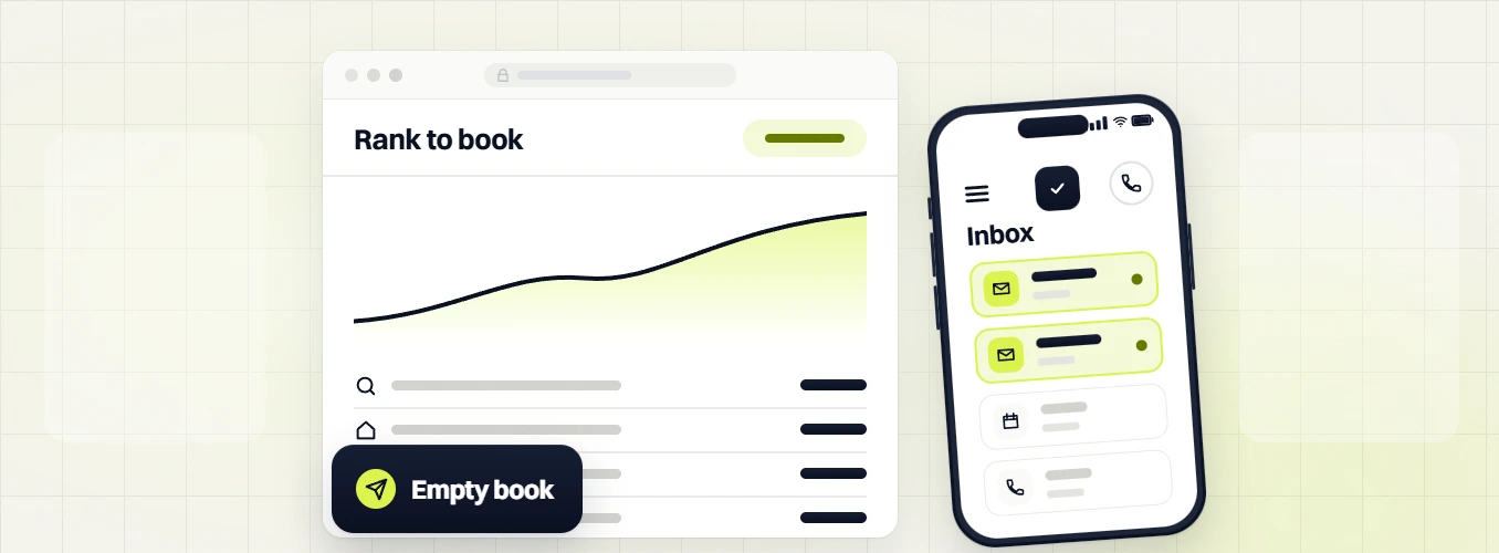 Real estate SEO services Rank to book chart with an Empty book badge beside a phone inbox