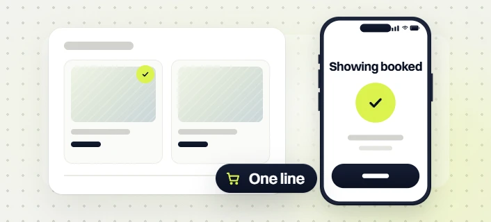 Real estate SEO services listing cards beside a phone Showing booked screen and a One line badge