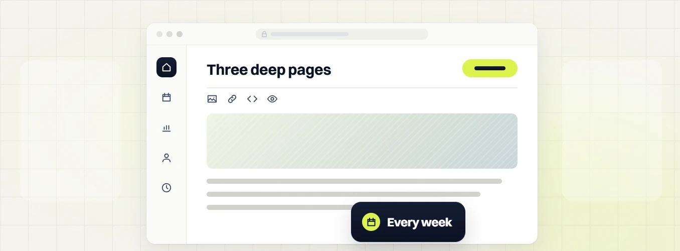 Real estate SEO services Three deep pages editor with an image block, text lines and an Every week badge