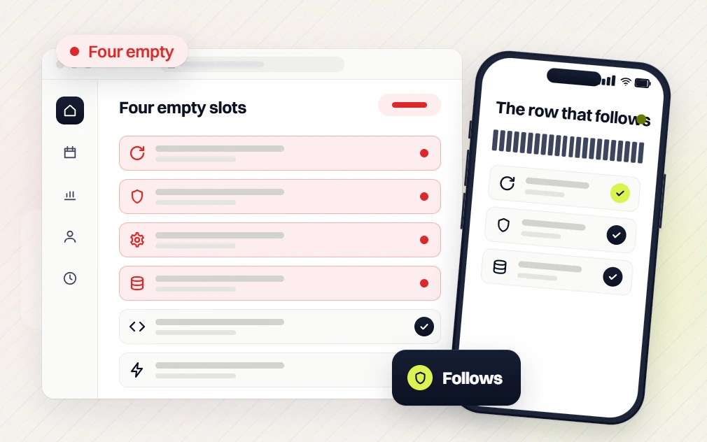 Real estate website design Four empty slots list with red rows beside a phone The row that follows, Follows
