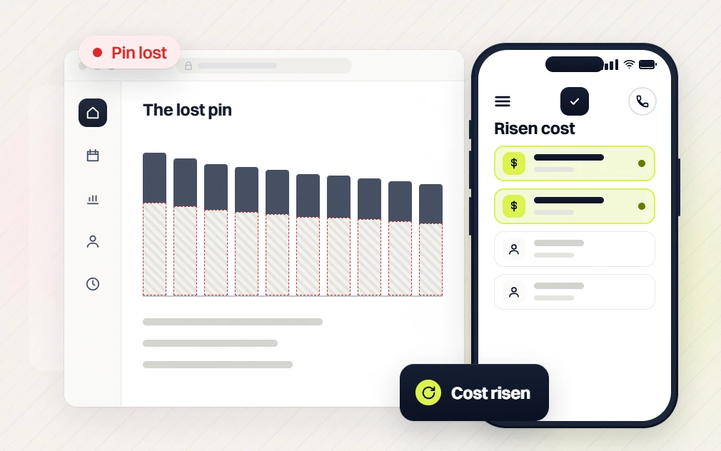 Real estate website design The lost pin chart flagged Pin lost beside a phone Risen cost list, Cost risen