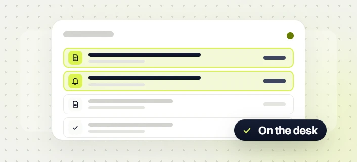 Real estate website design list of document and alert rows with two highlighted and an On the desk badge