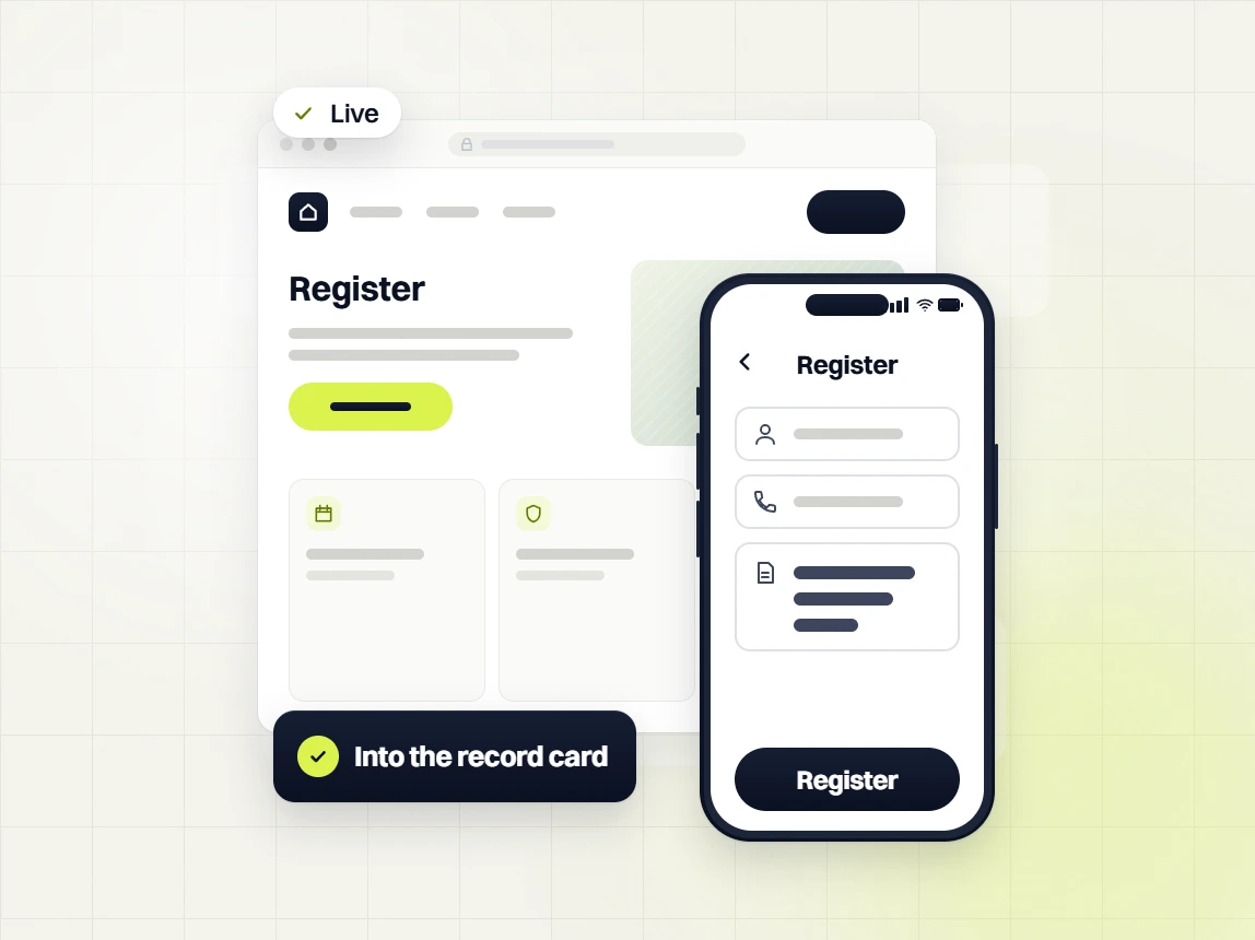 Real estate website design Live Register page beside a phone Register form and an Into the record card badge