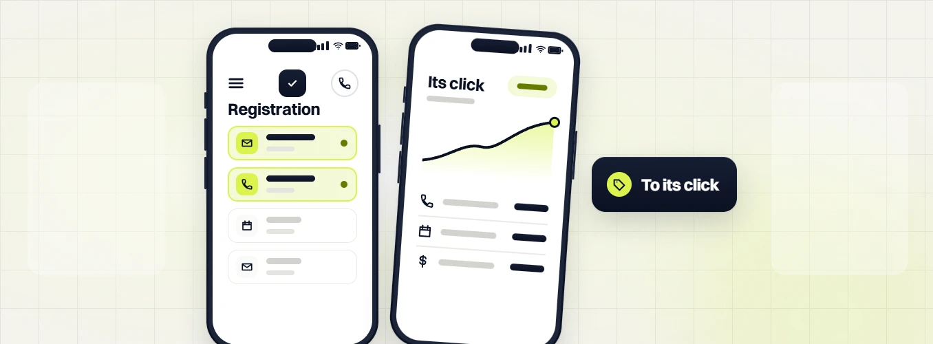 Real estate website design phone Registration list beside a phone Its click chart and a To its click badge