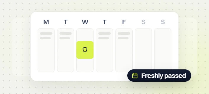 Real estate website maintenance weekly calendar with a highlighted Wednesday check and a Freshly passed badge
