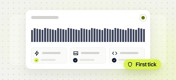 Responsive web design services status card with uptime bars, speed, image and code checks, First tick badge
