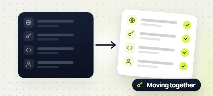 Responsive web design services domain, key, code and user items turning into a checked list, Moving together