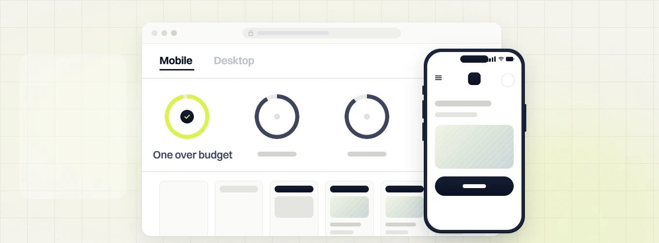 Responsive web design services Mobile score dashboard with a passing ring, One over budget, beside a phone