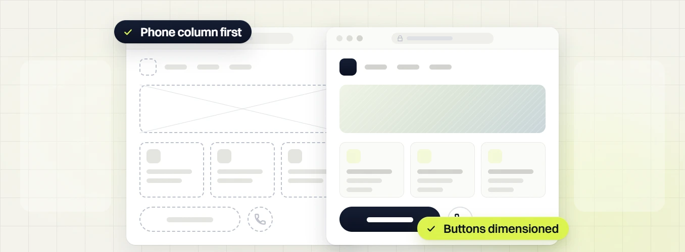 Responsive web design services wireframe tagged Phone column first beside the built page, Buttons dimensioned