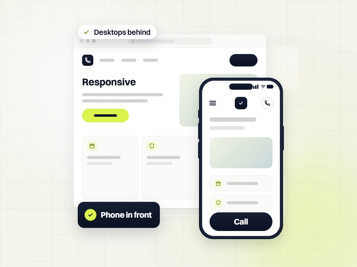 Responsive web design services Responsive desktop page behind a phone with a Call button, Phone in front