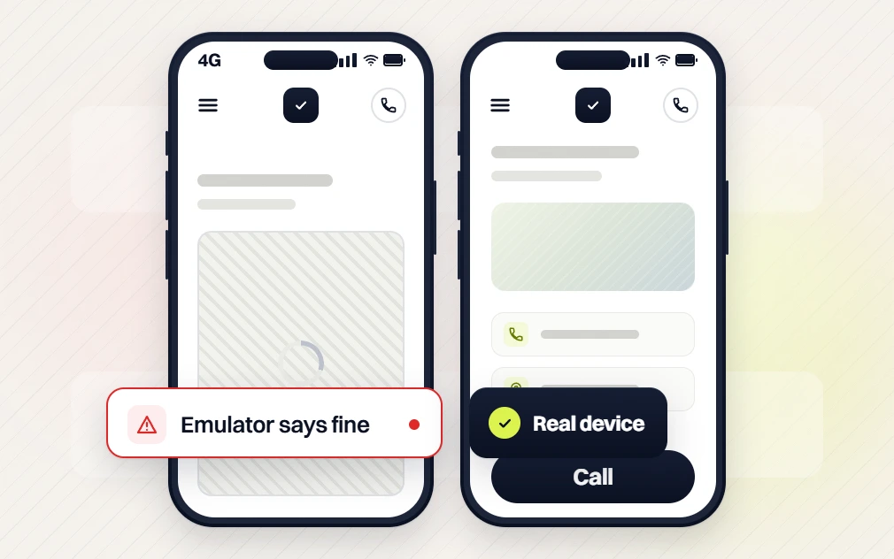 Responsive web design services loading phone flagged Emulator says fine beside a Real device phone with Call