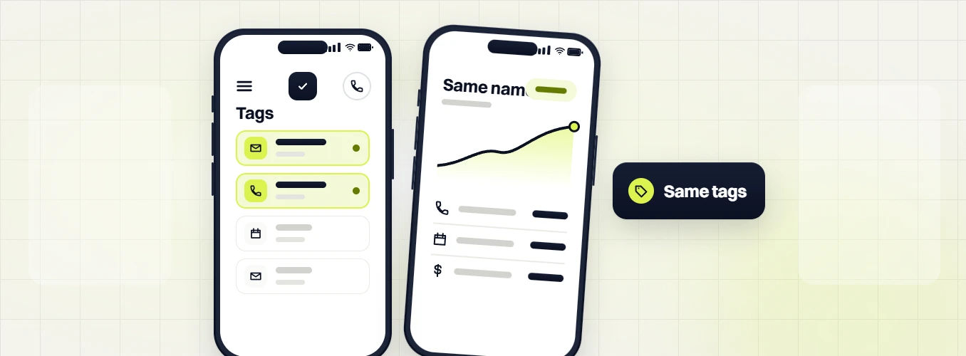 Responsive web design services phone Tags list beside a phone Same name chart and a Same tags badge
