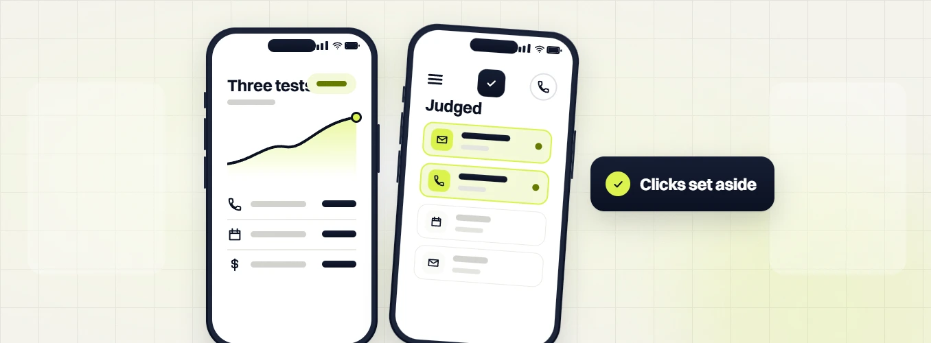 SaaS marketing retainer phone Three tests chart beside a phone Judged list and a Clicks set aside badge
