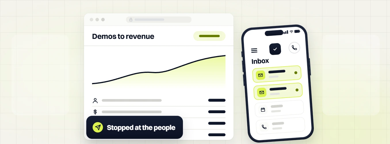 SaaS marketing retainer Demos to revenue chart with a Stopped at the people badge beside a phone inbox