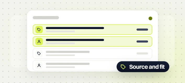 SaaS marketing retainer list of tag and user rows with two highlighted and a Source and fit badge