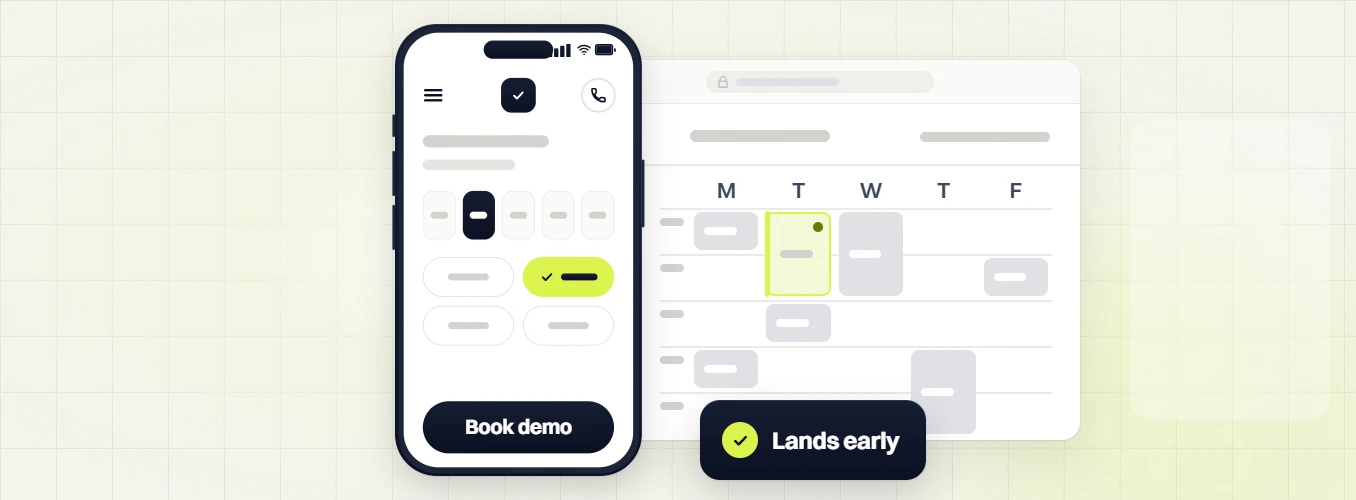 SaaS PPC services phone Book demo screen beside a weekday calendar and a Lands early badge