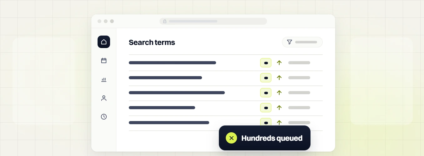 SaaS PPC services Search terms dashboard with upward arrows and a Hundreds queued badge