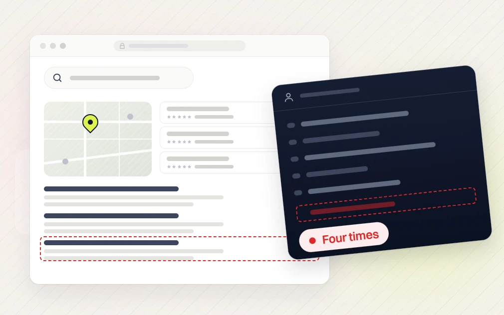 SaaS SEO services search page with a dashed result and an author panel with a dashed row, four times