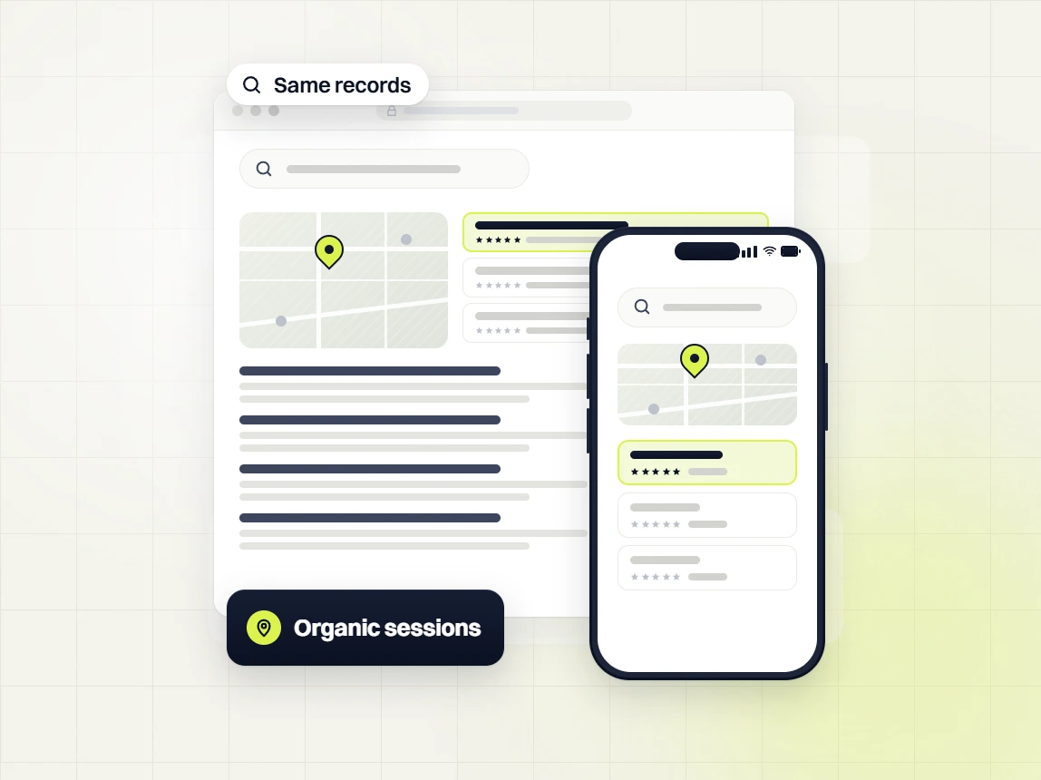 SaaS SEO services search results on desktop and phone with the top listing highlighted, same records