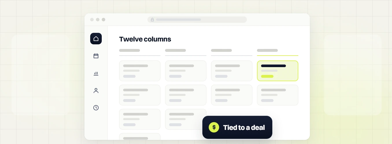 SaaS SEO services Twelve columns board with one highlighted card, tied to a deal
