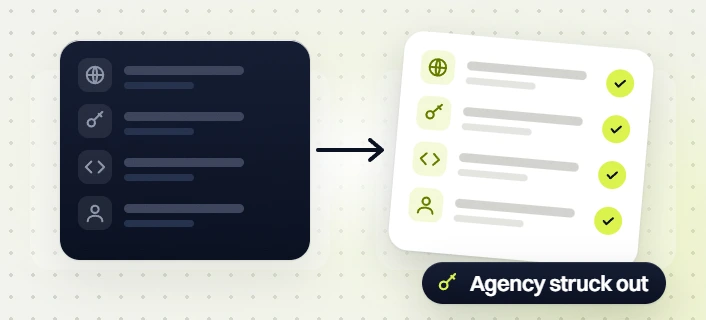SaaS website design domain, access, code and user rows moving to a checked list, agency struck out