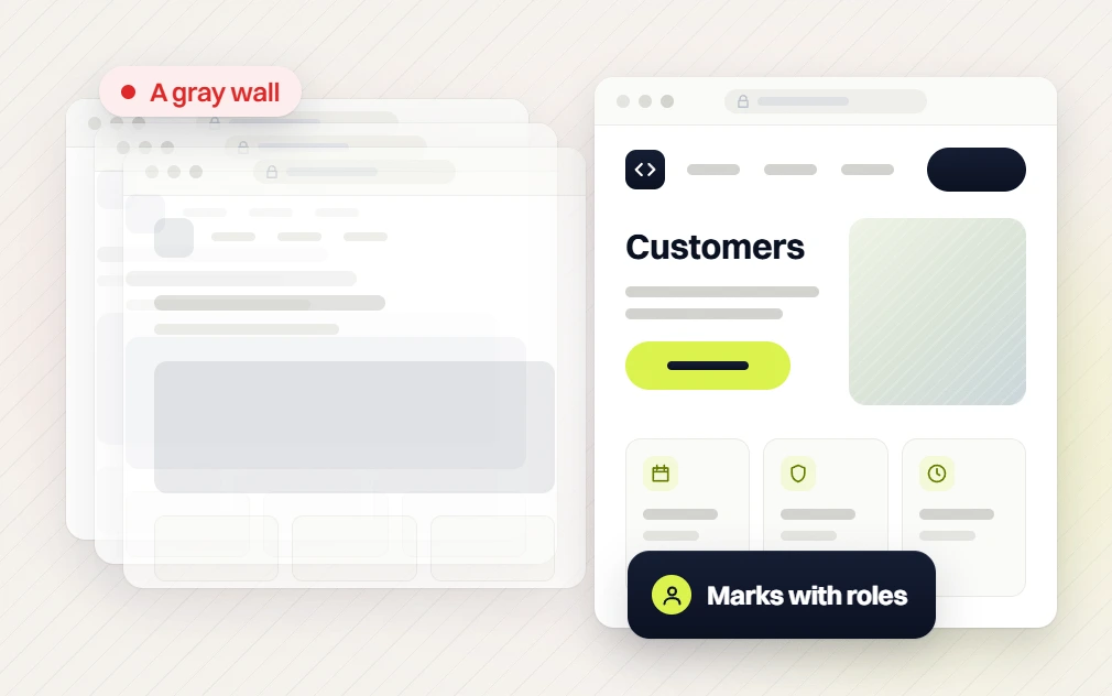 SaaS website design faded pages flagged a gray wall beside a Customers page, marks with roles
