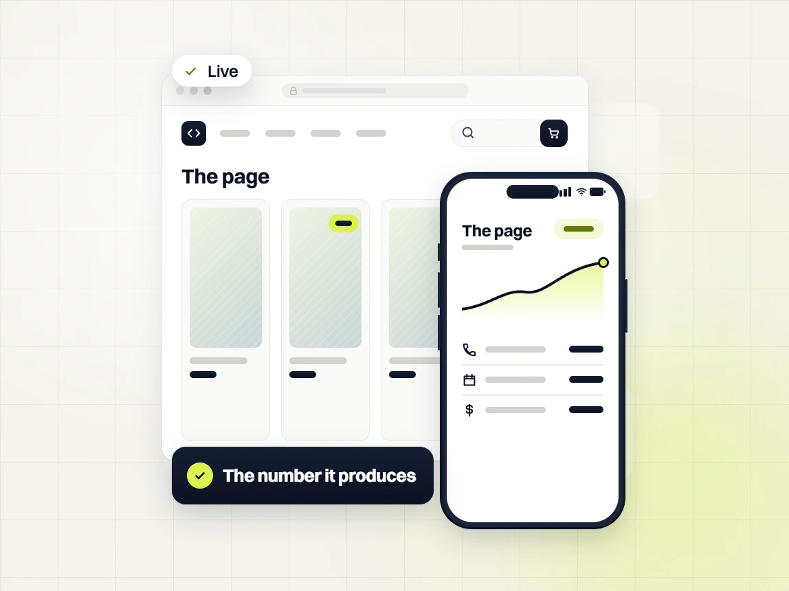 SaaS website design live product page beside a phone chart with calls, bookings and revenue rows