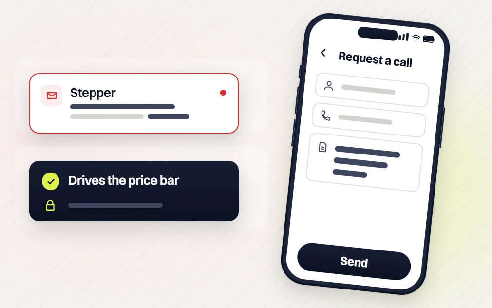 SaaS website design Request a call form on a phone, stepper flagged and drives the price bar checked