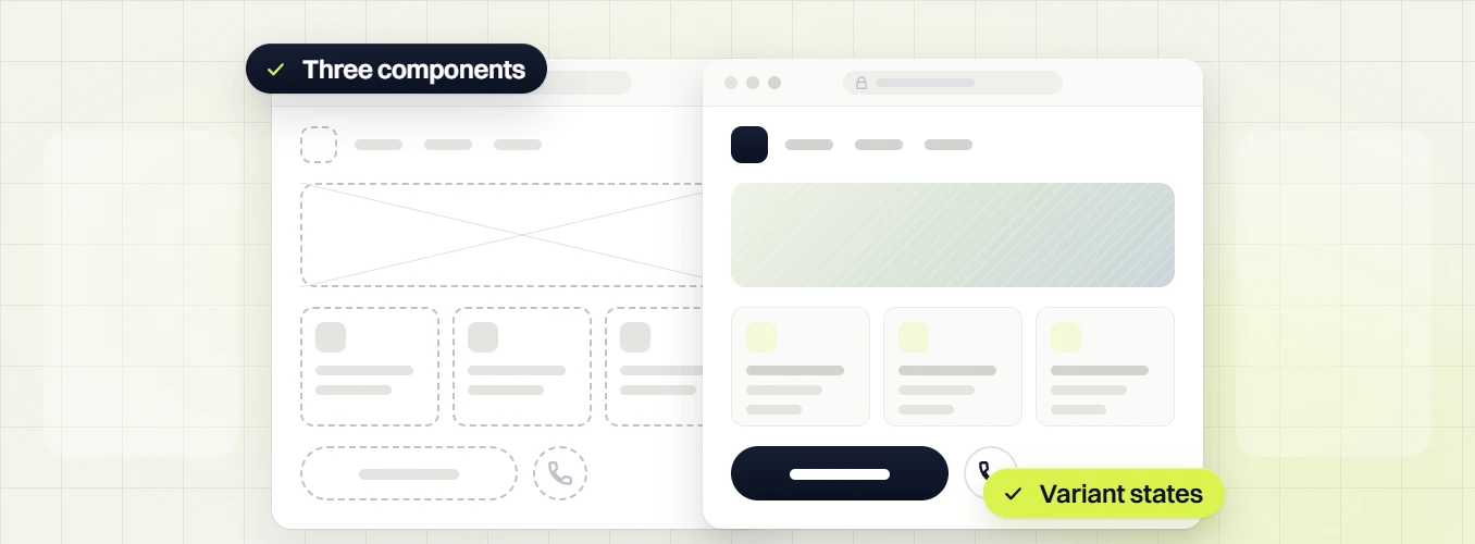 SaaS website design dashed wireframe beside the finished page, three components, variant states