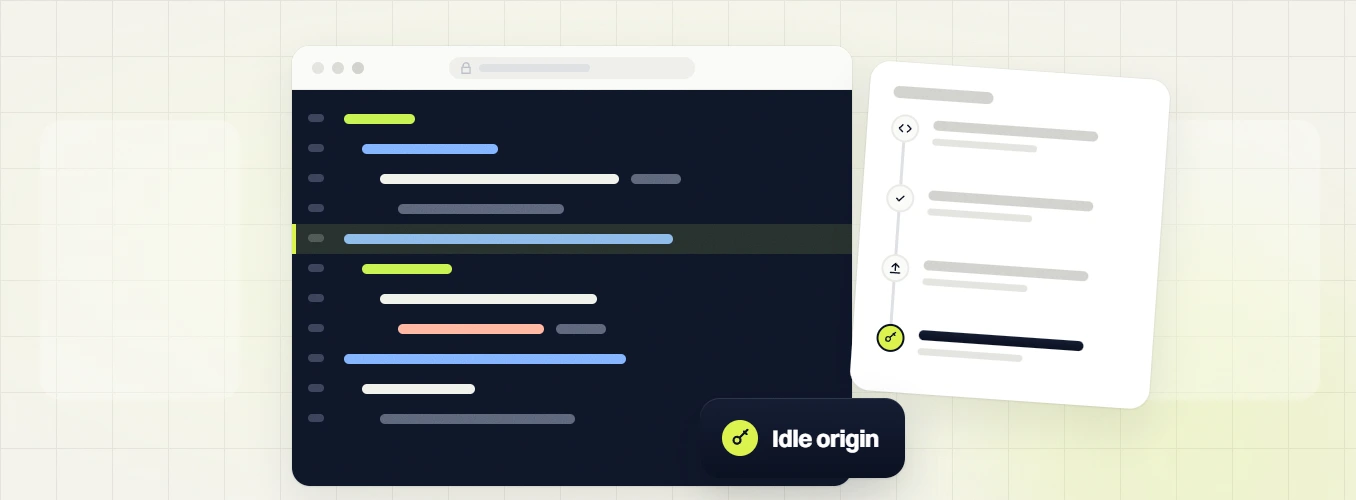 SaaS website maintenance code editor with a highlighted line and a four step log, idle origin