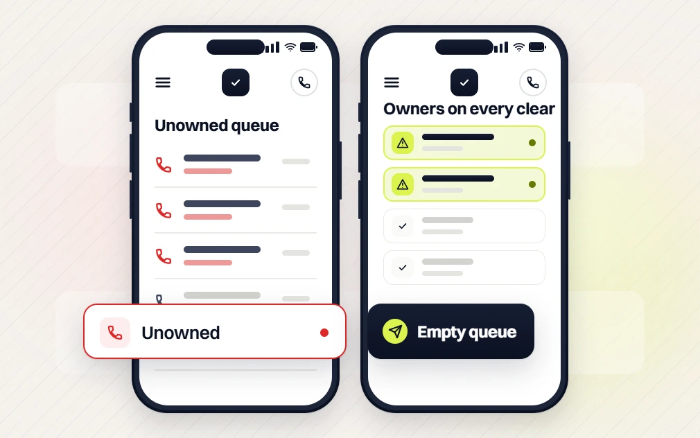 SaaS website maintenance phones comparing an unowned queue with owners on every clear, empty queue