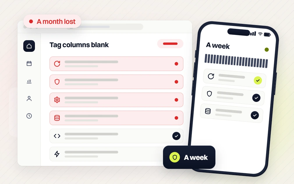 SaaS website maintenance Tag columns blank list flagged a month lost beside a phone A week view