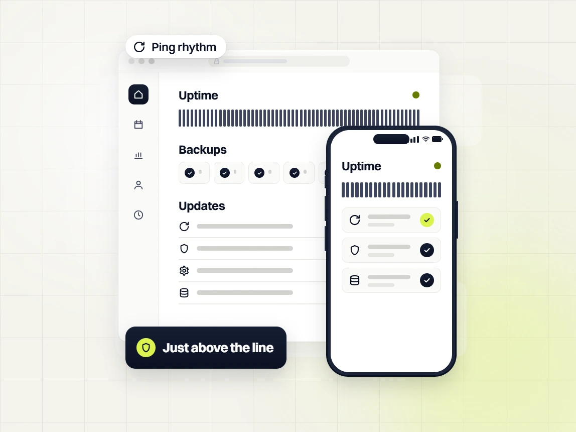 SaaS website maintenance uptime, backups and updates dashboard with ping rhythm, just above the line