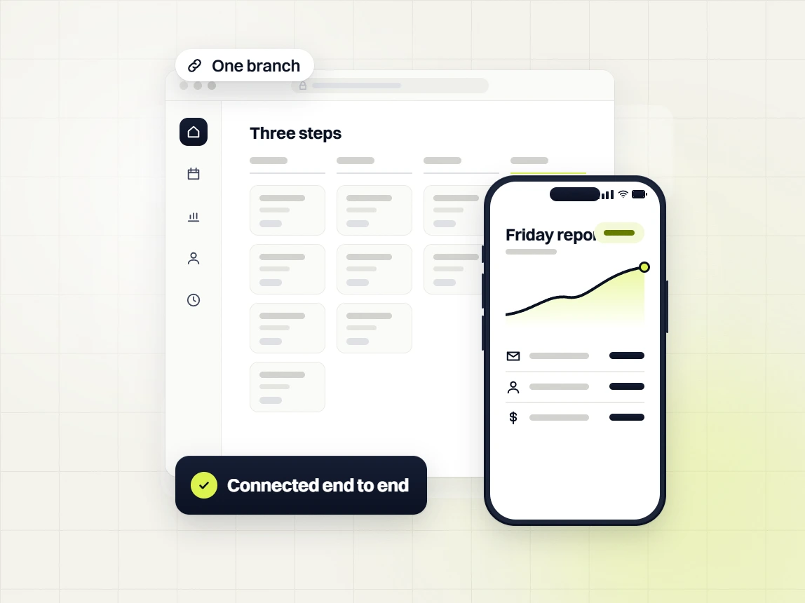Sales funnel and automation services Three steps board beside a phone Friday report, connected end to end