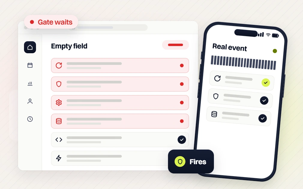 Sales funnel and automation services Empty field list flagged gate waits beside a phone Real event, fires