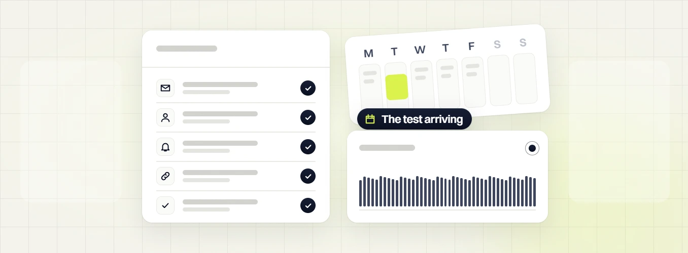 Sales funnel and automation services five checked steps beside a calendar and bars, the test arriving