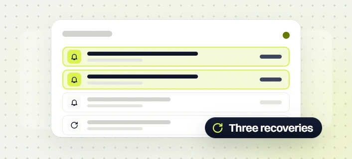 Sales funnel and automation services list of alert rows with two highlighted, three recoveries