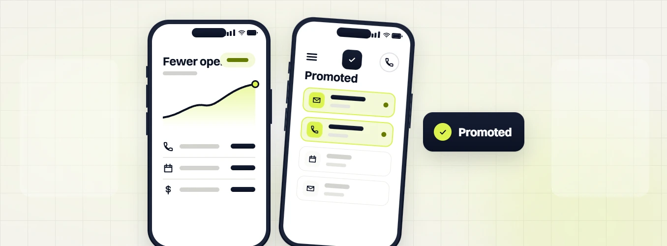Sales funnel and automation services phone Fewer opens chart beside a phone Promoted list, promoted