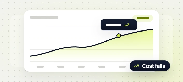 Search engine optimization services line chart with a marked trend point on a rising curve, cost falls