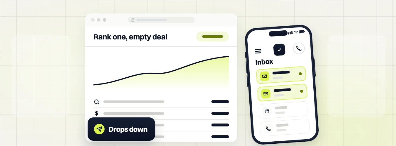 Search engine optimization services Rank one, empty deal chart beside a phone inbox, drops down