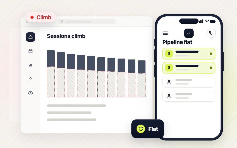 Search engine optimization services Sessions climb bar chart beside a phone Pipeline flat list