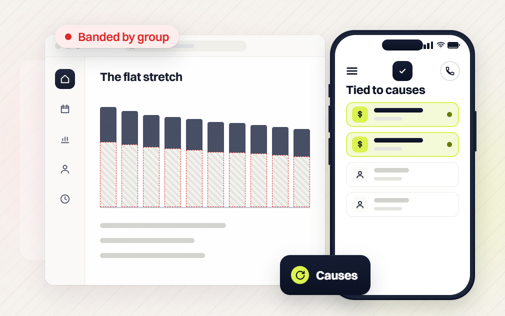 SEO audit The flat stretch bar chart flagged banded by group beside a phone Tied to causes list