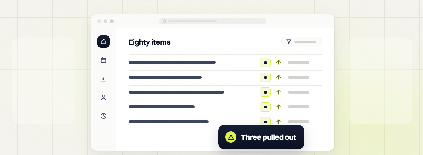 SEO audit services Eighty items table with five rows and upward arrows, three pulled out