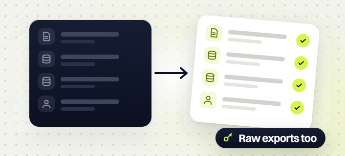 SEO audit services report, two data and one person rows moving to a checked list, raw exports too