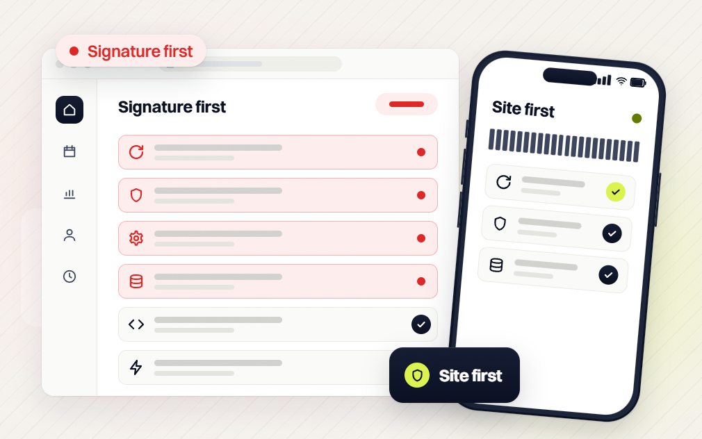 SEO audit Signature first list with four flagged rows beside a phone Site first view with checks