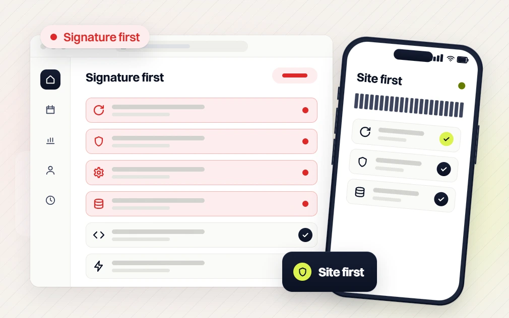 SEO audit Signature first list with four flagged rows beside a phone Site first view with checks